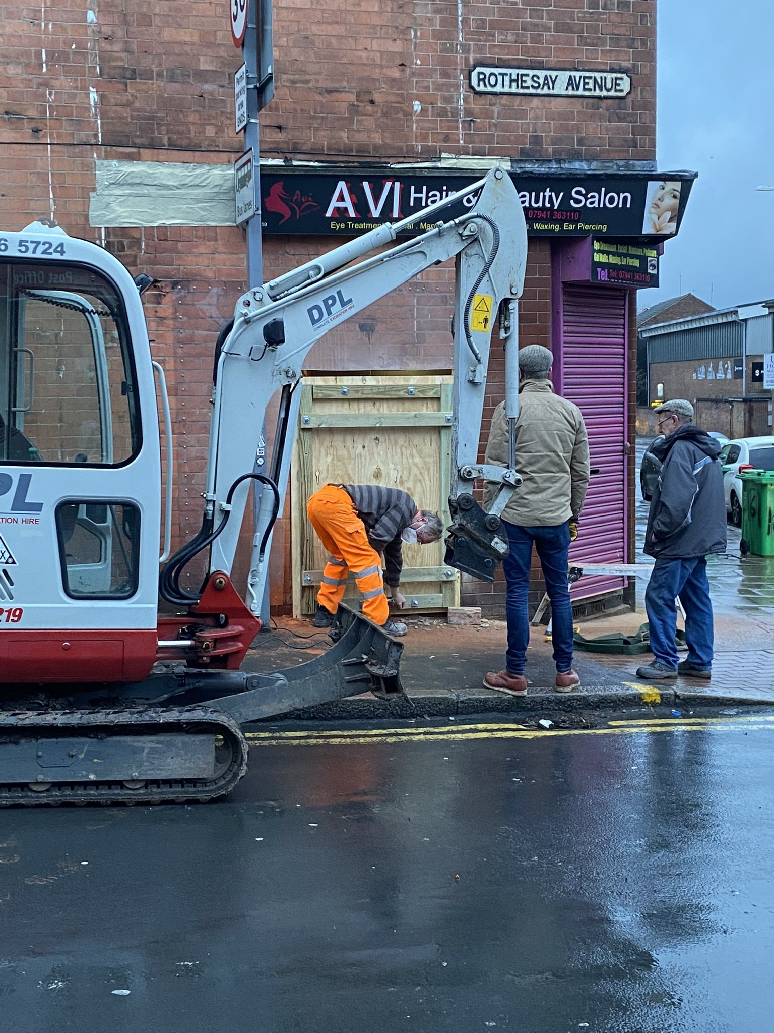 Picture taken with permission from the twitter feed of @dangolstein of the removal of the Nottingham Banksy mural. John Brandler, the owner of Brandler Galleries in Brentwood, Essex, spent a six-figure sum to buy the mural, which appeared on the corne