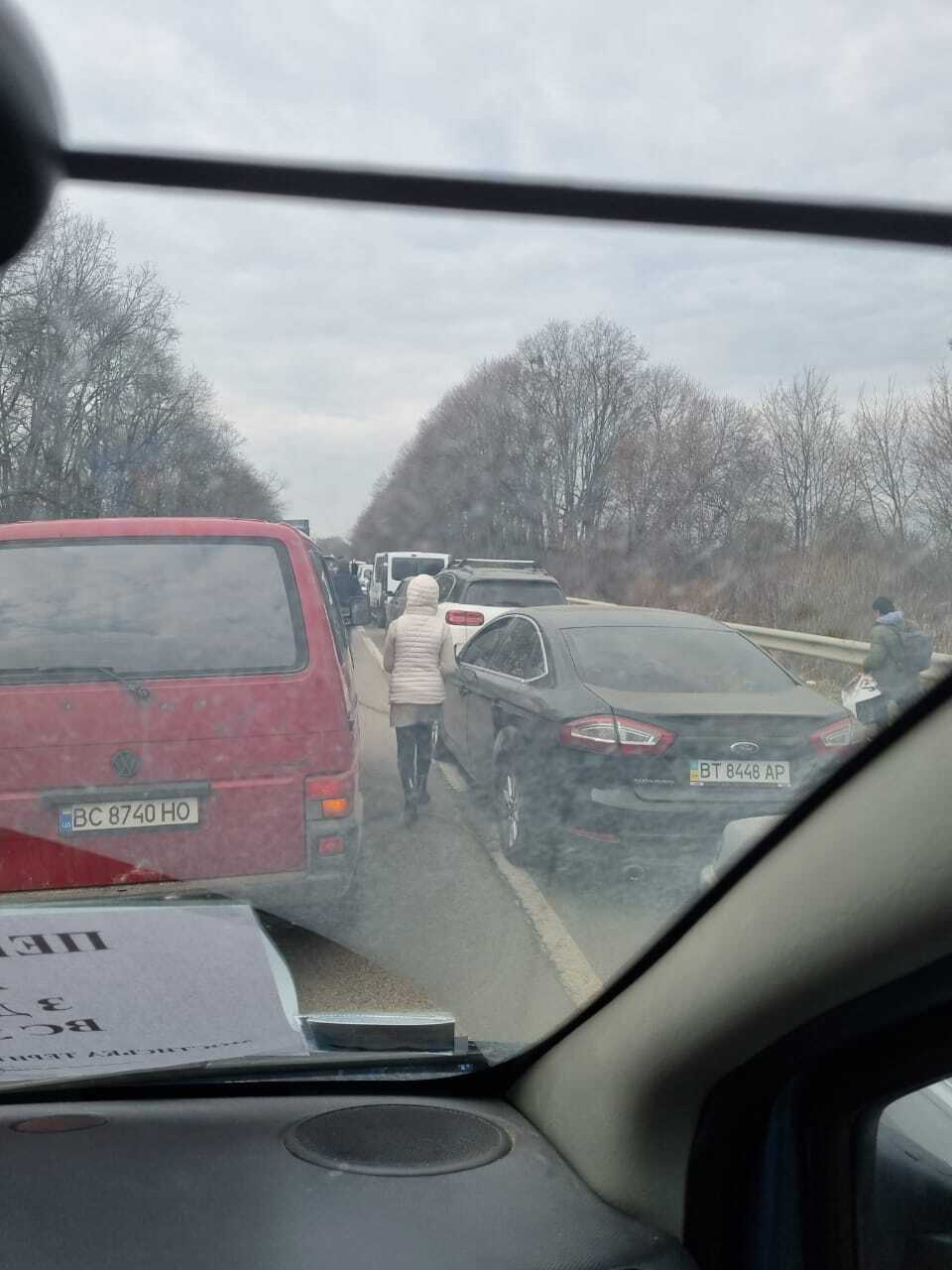 Chaos - Traffic heading for the Polish border from Lviv. Pic: PA